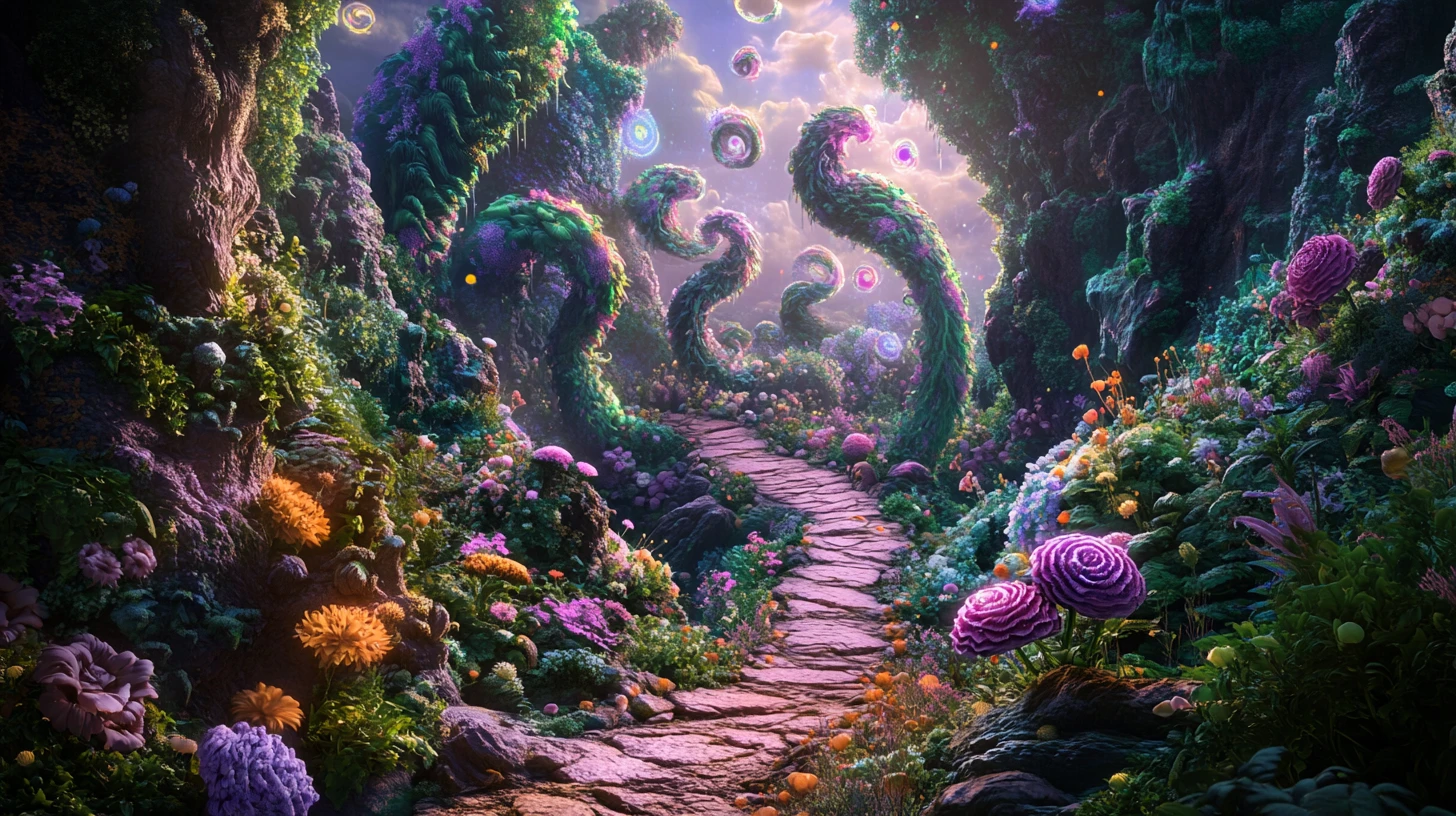 Surreal fantasy garden of looping paths and cosmic flowers
