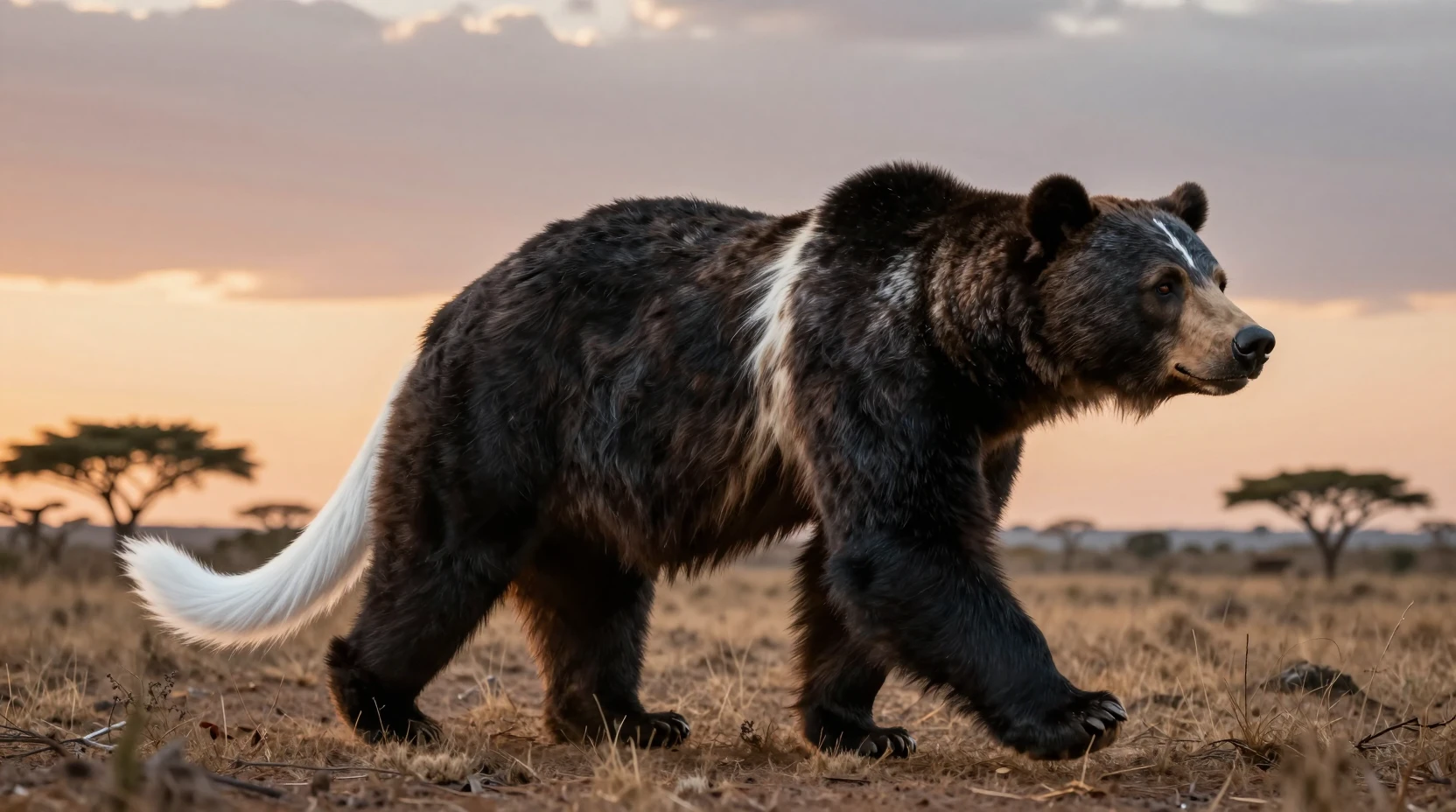 Kinematografischer prähistorischer Räuber überquert eine Savanne im Sonnenuntergang