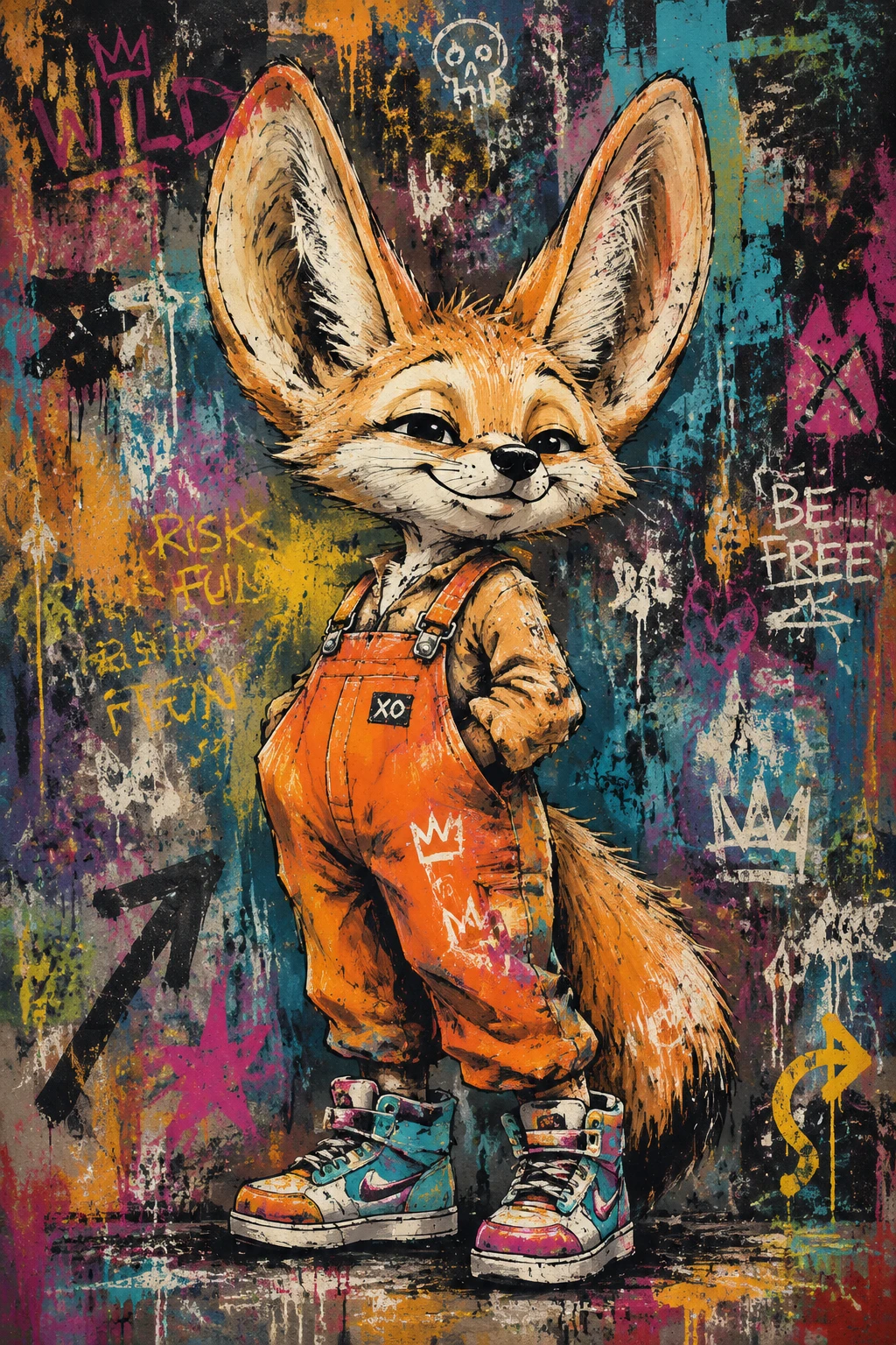 Playful fennec fox street art character with oversized ears