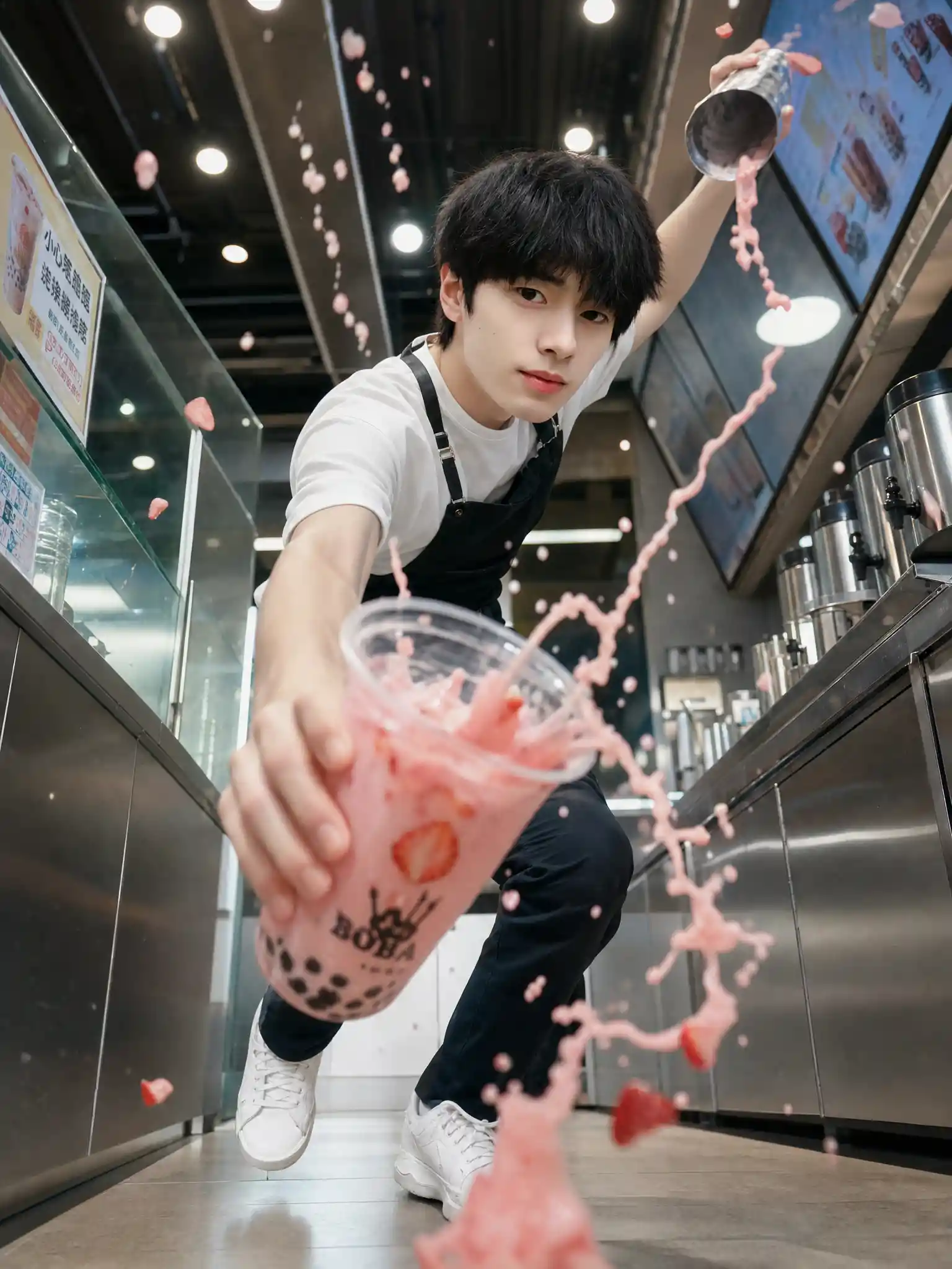 Dynamic low angle portrait at a modern bubble tea counter