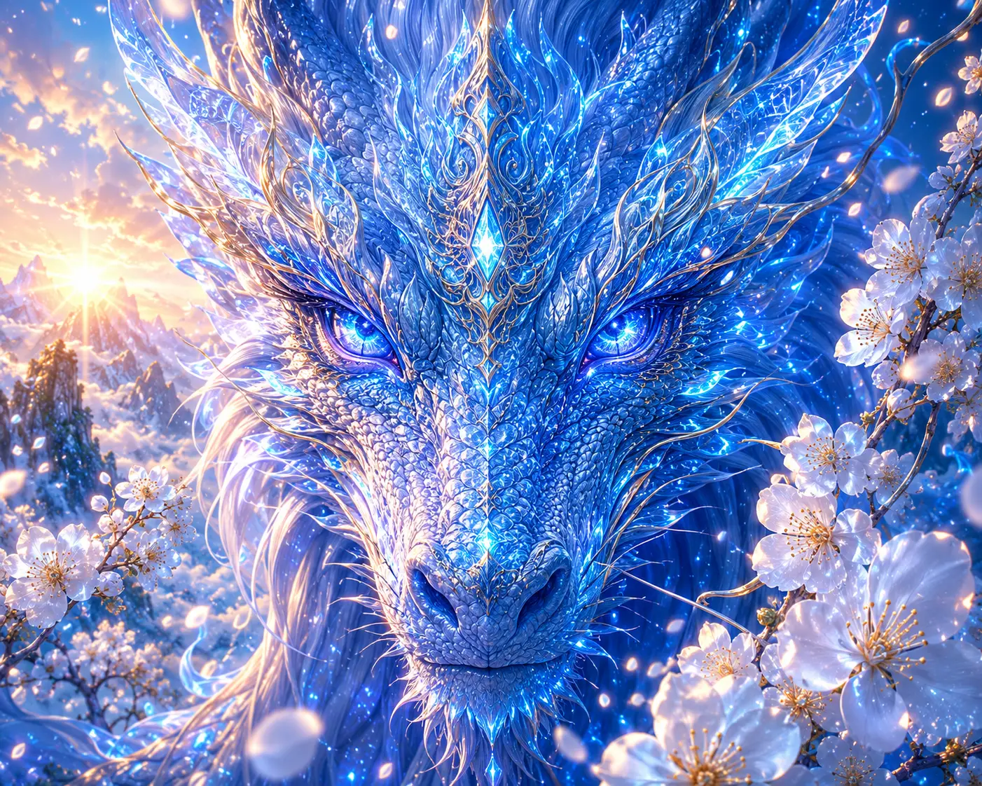 Close up of an azure dragon face with glowing accents