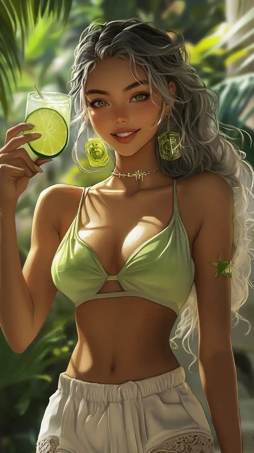 Anime girl holding lime and green crypto market candle