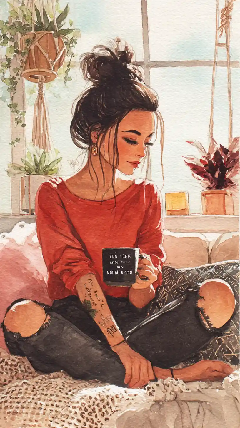 Thoughtful watercolor portrait of a girl by a sunny window