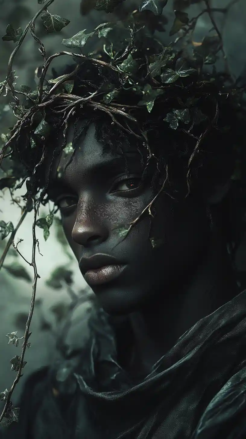 Exiled Fae Man With Thorned Vine Crown In Forest Ruins