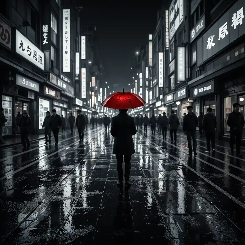 Red Umbrella On Rainy Tokyo Street In Black And White