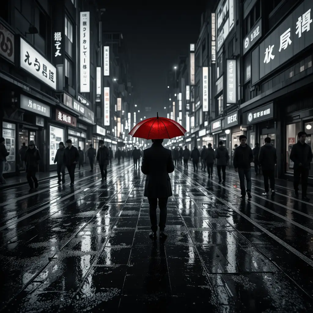 Paraguas rojo en una calle lluviosa de Tokio en blanco y negro