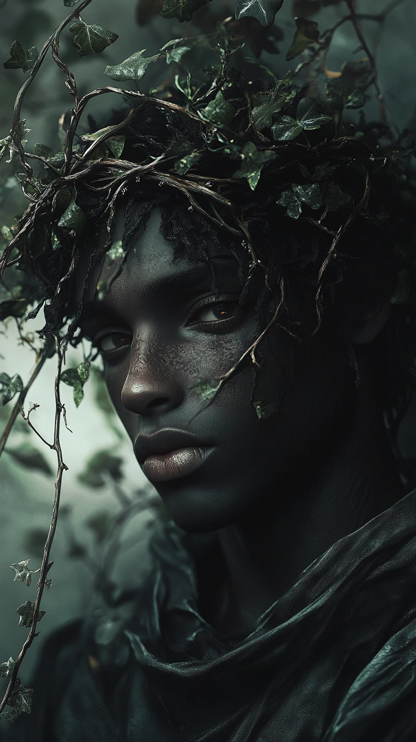 Exiled Fae Man With Thorned Vine Crown In Forest Ruins