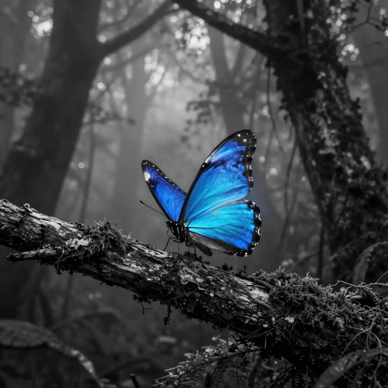Glowing blue butterfly in a dark monochrome forest