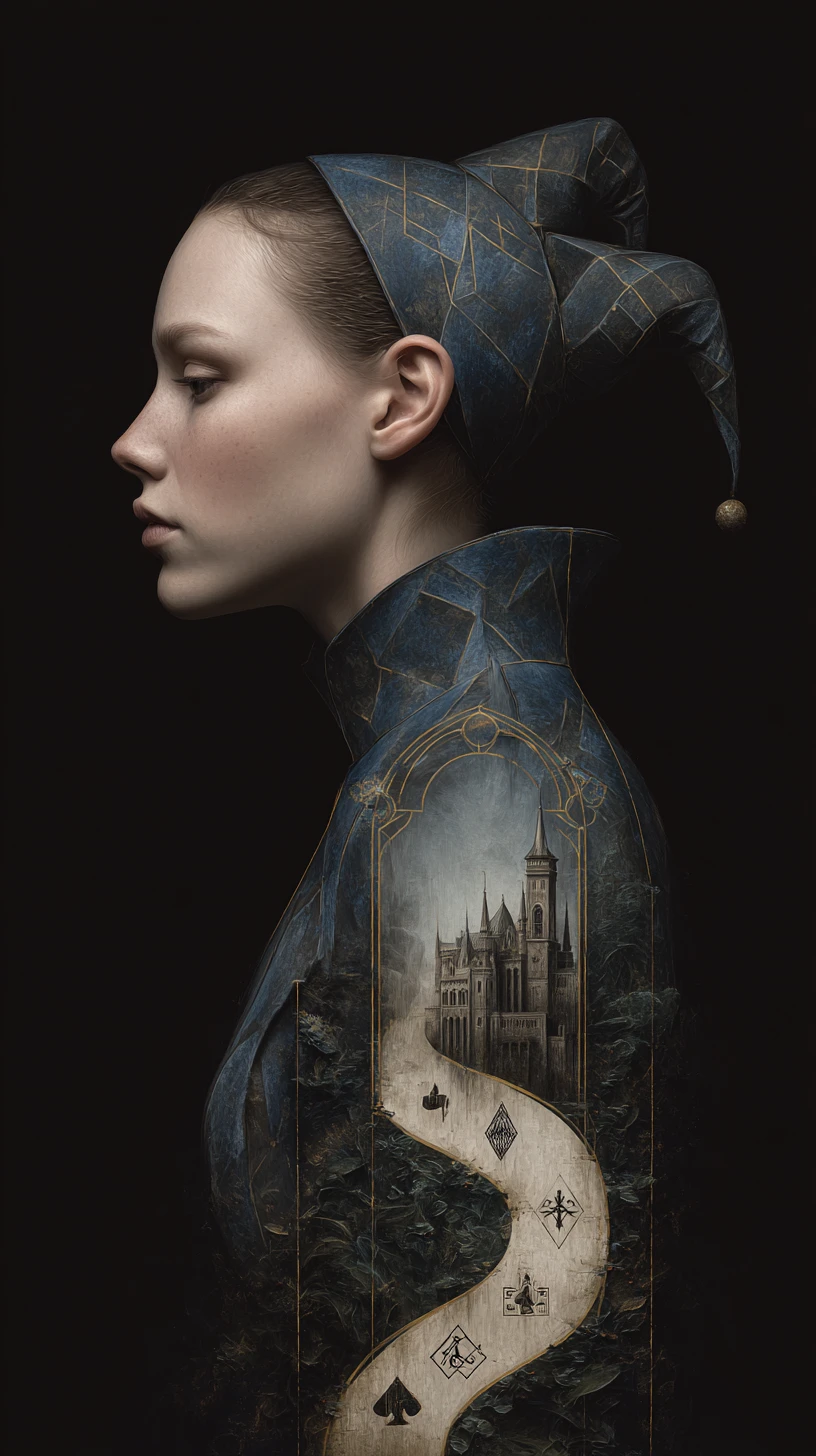 Perfil surrealista de arlequín con camino serpenteante hacia una torre gótica