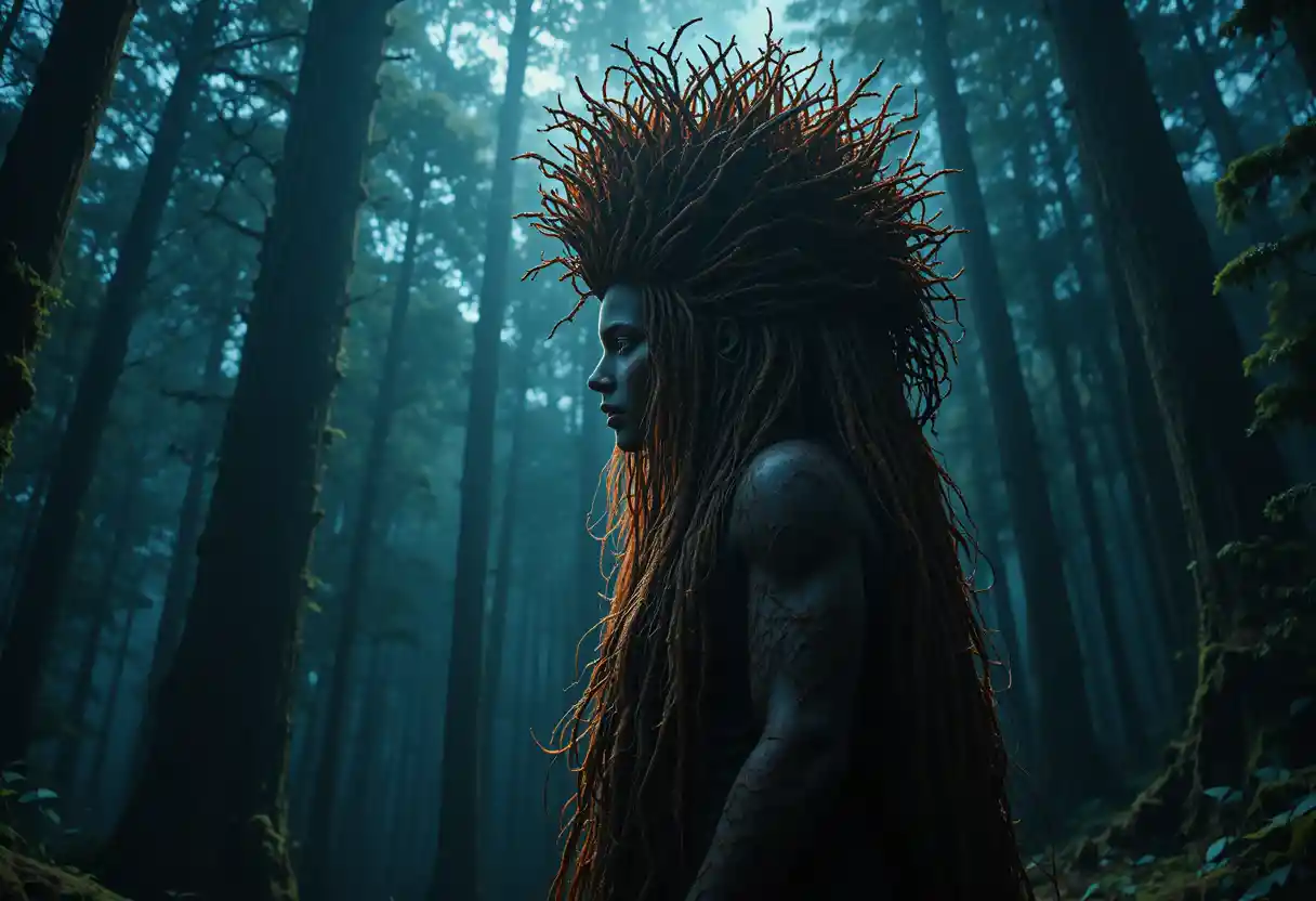 Ancient earth goddess profile in a moonlit primeval forest
