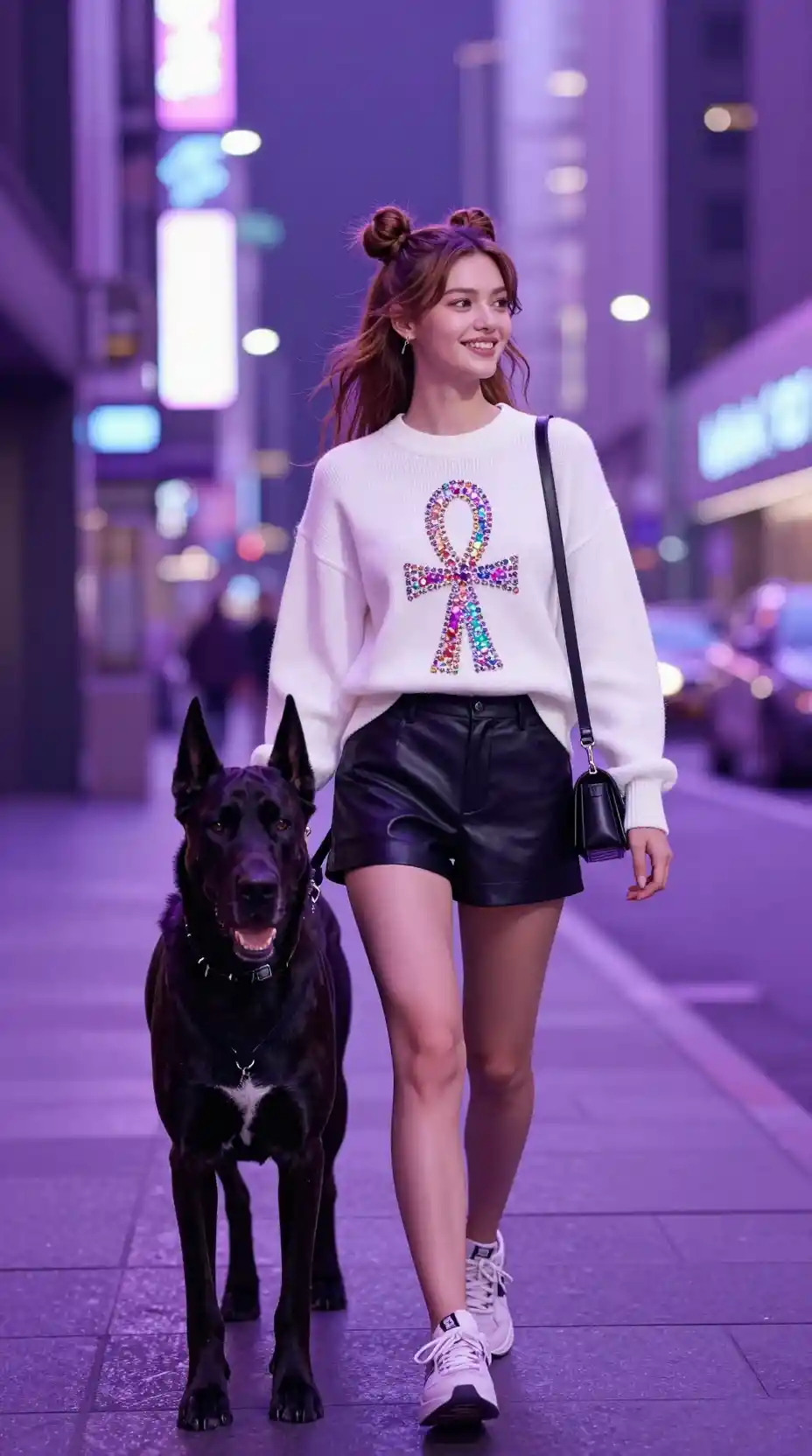 Girl walking a black great dane in neon city street