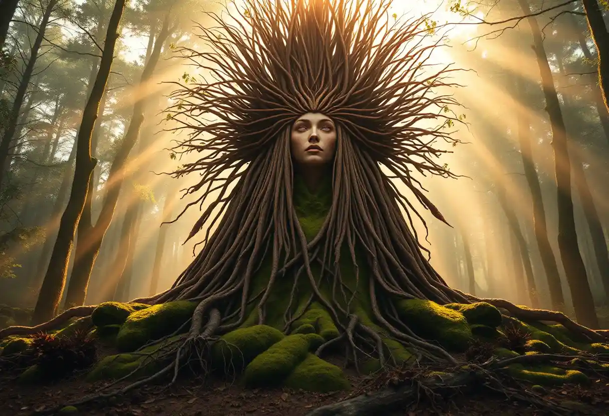 Colossal Earth Goddess Rising In A Sunlit Ancient Forest