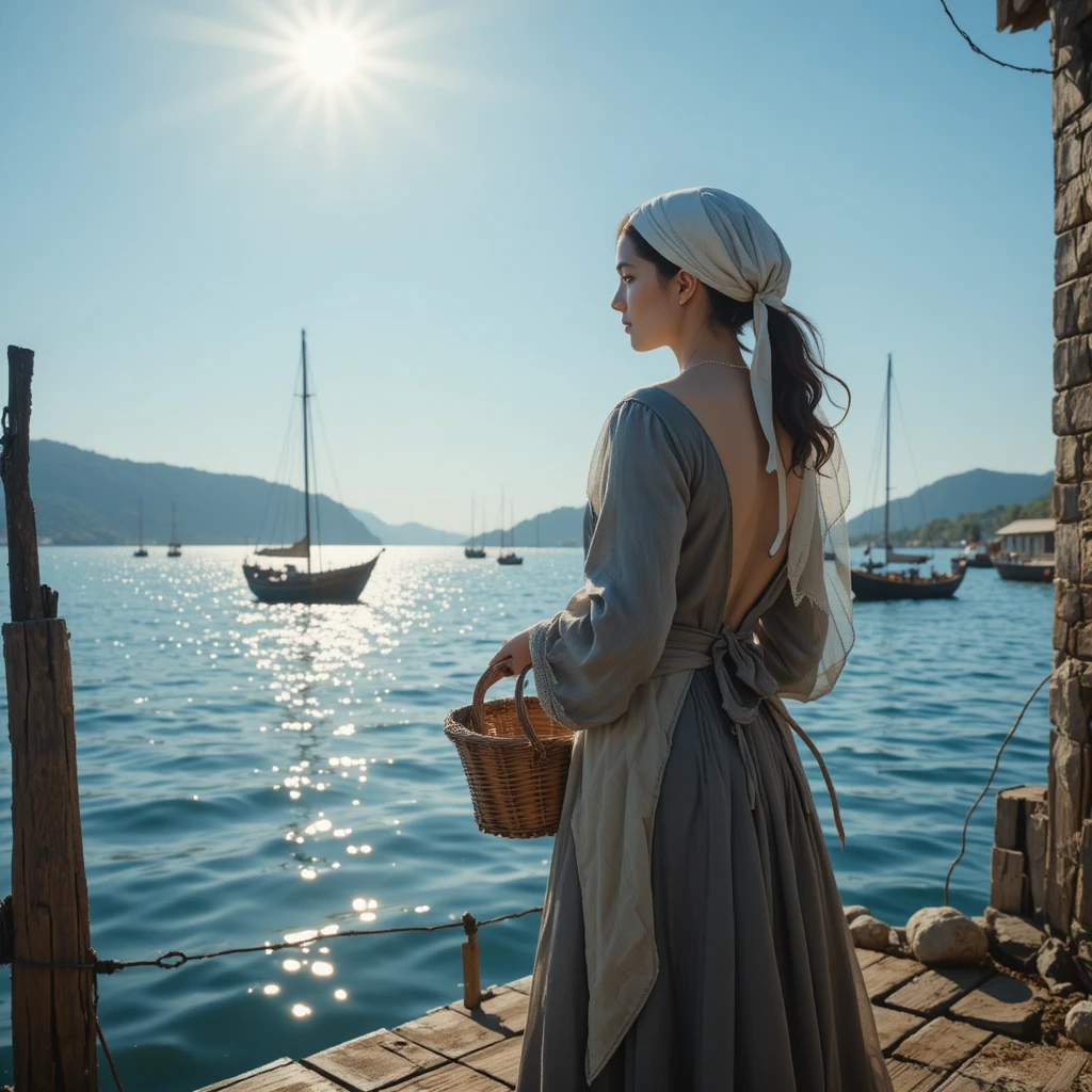 Young woman on a rustic dock by calm Mediterranean water