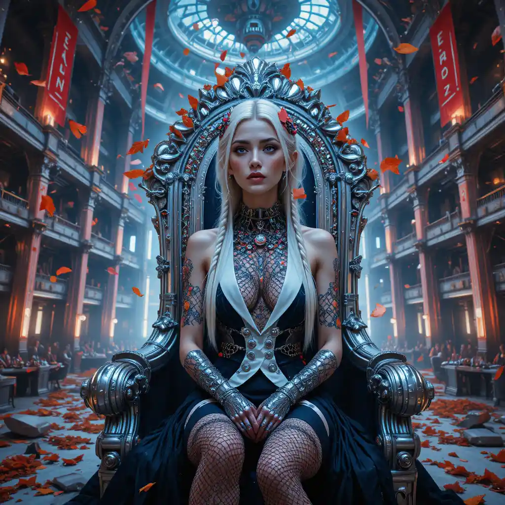 Space punk woman on chrome throne in ruined opera