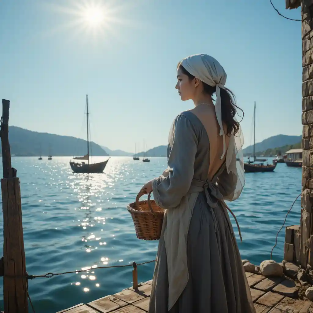 Young woman on a rustic dock by calm Mediterranean water