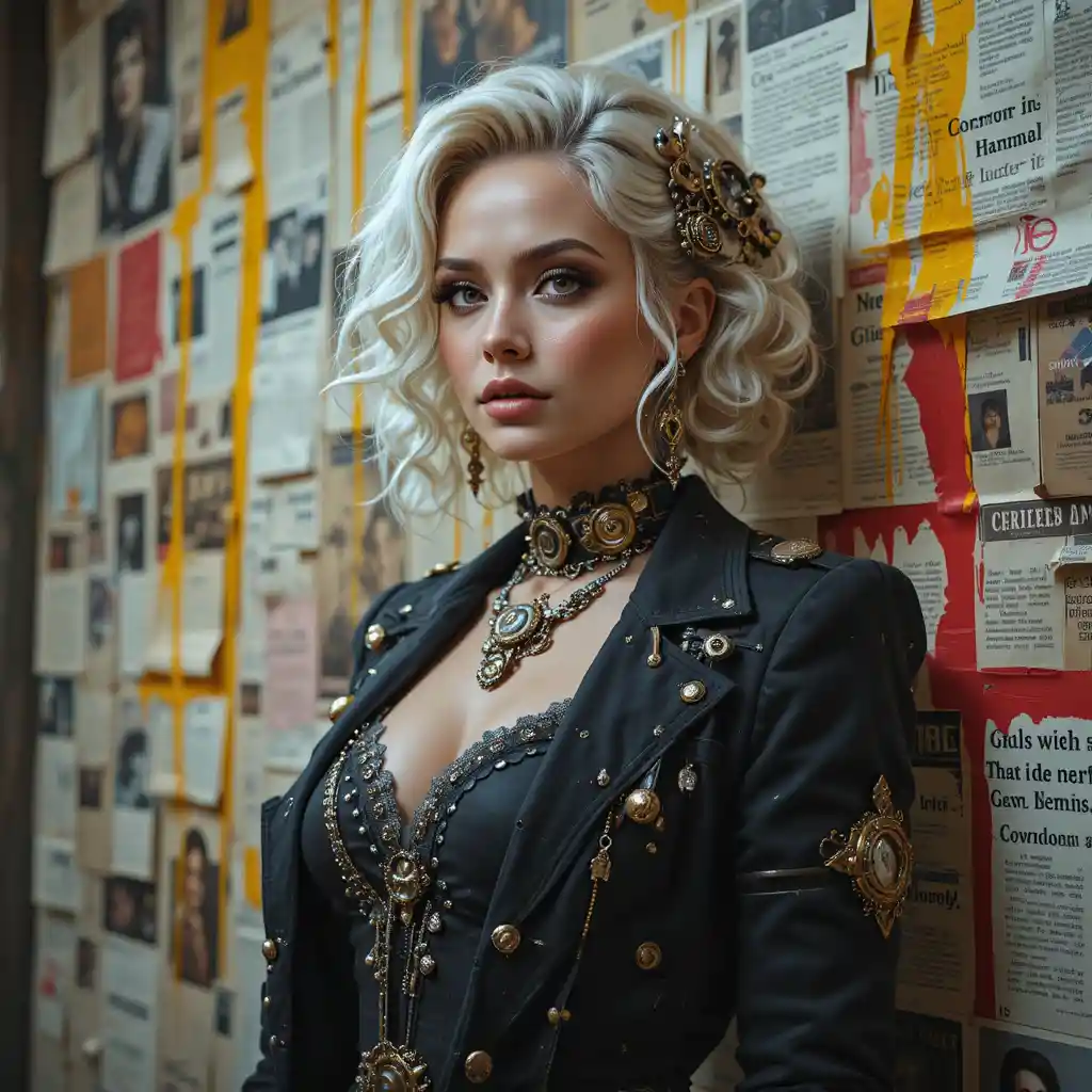 Steampunk fashion woman before glowing collage wall