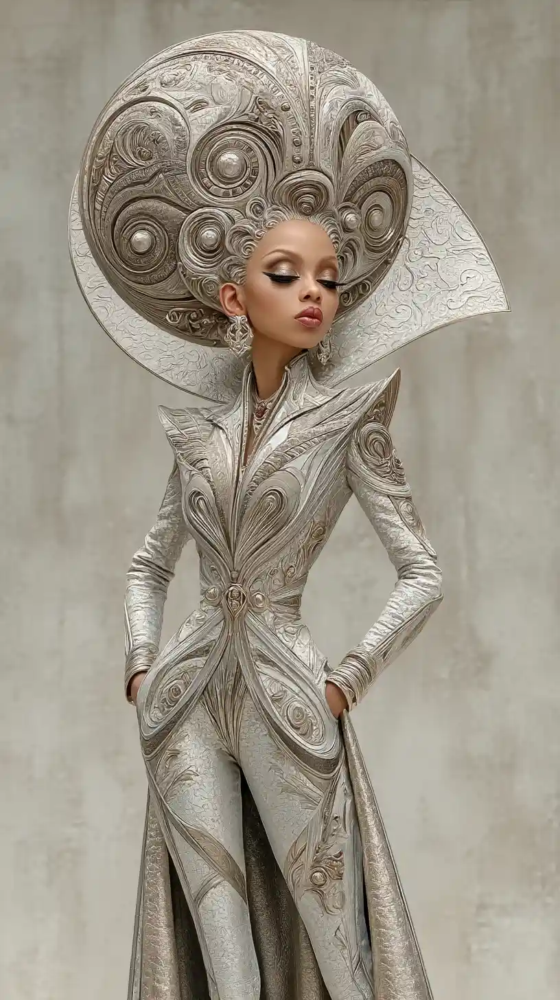 Surreal woman with gigantic saucer shaped hair in silver outfit