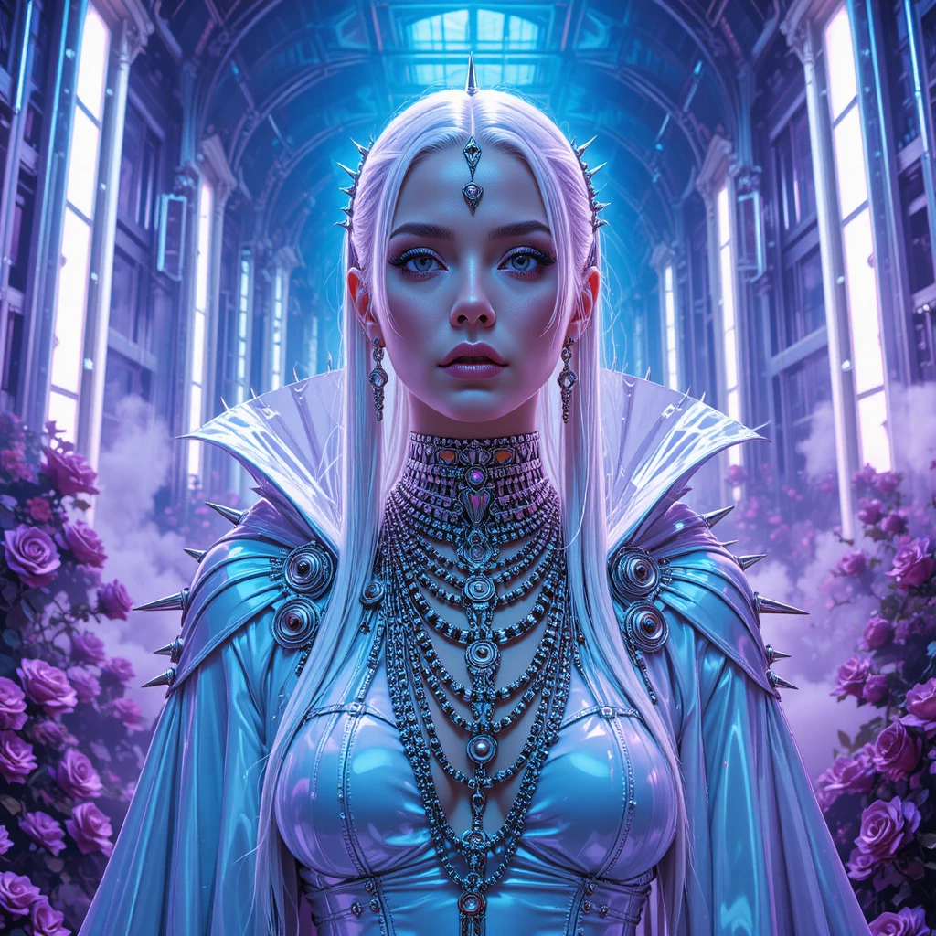 Futuristic outlaw queen under industrial chrome cathedral spotlights