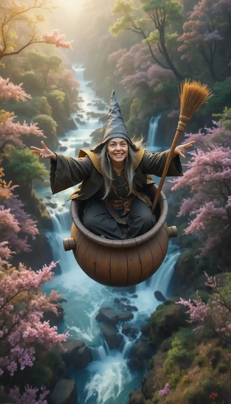 Joyful old woman flying in a wooden mortar above forest