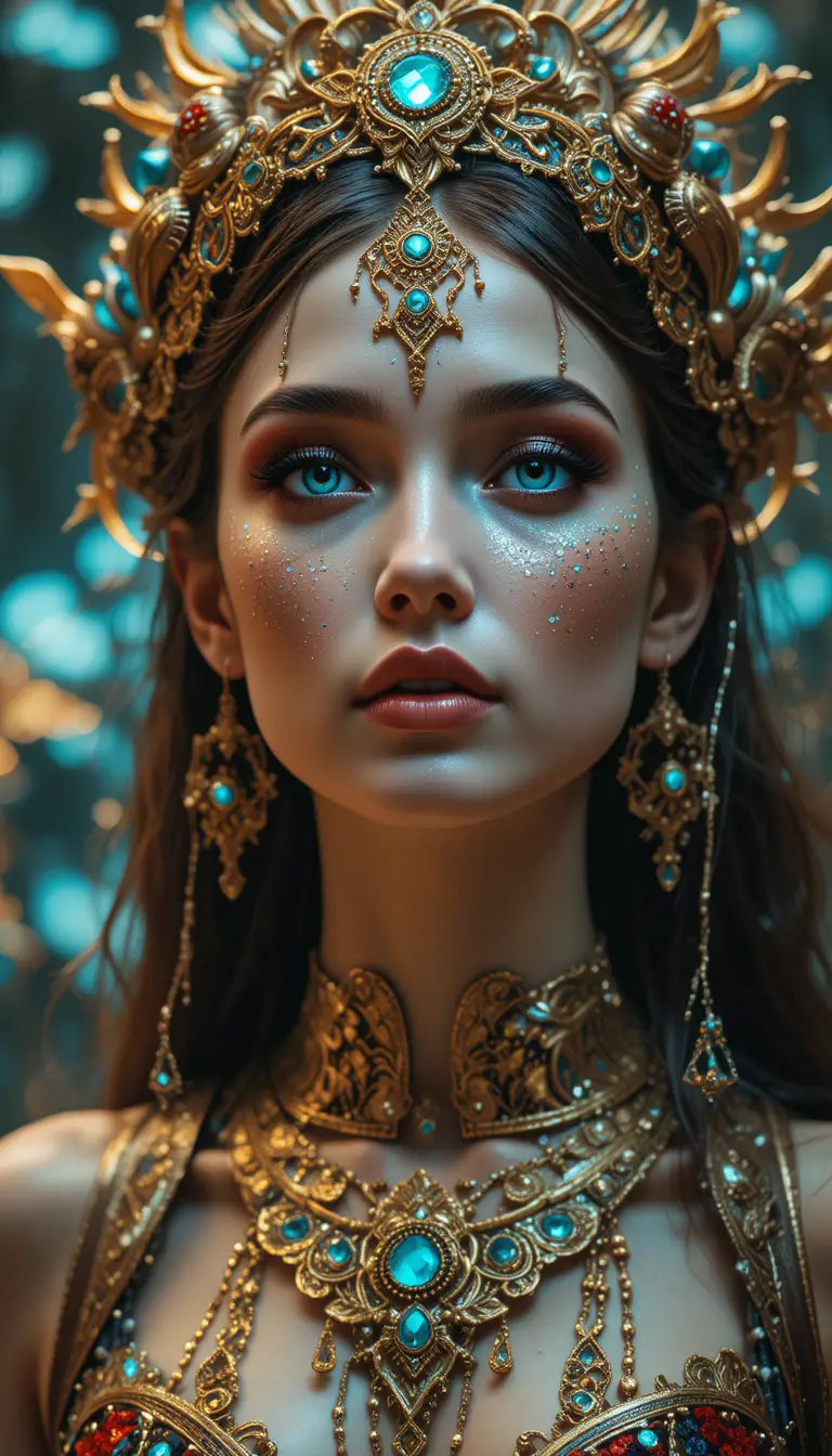 Anthropomorphic goddess with turquoise flashes and binary code