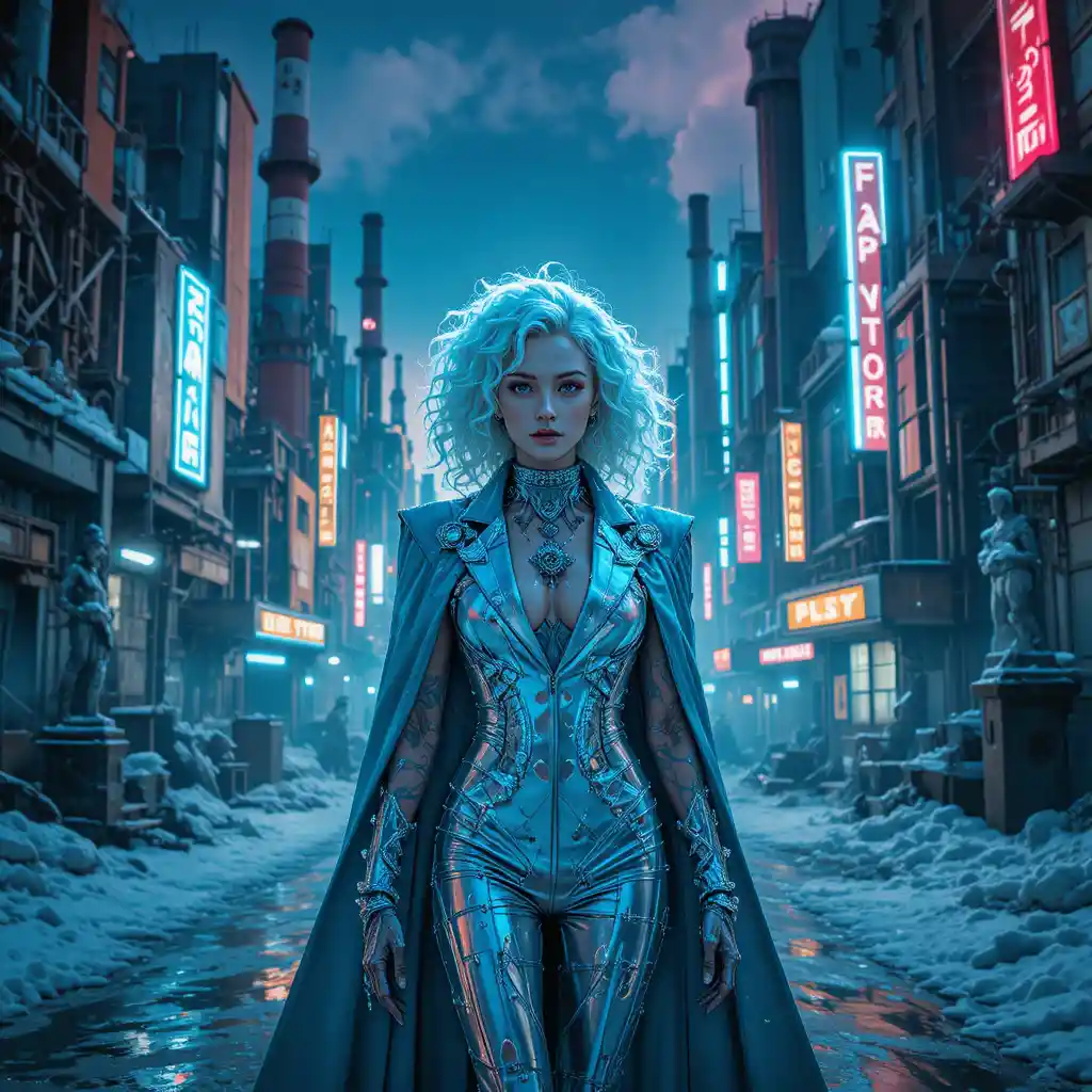 Cybernetic aristocrat walking through frozen neon city district