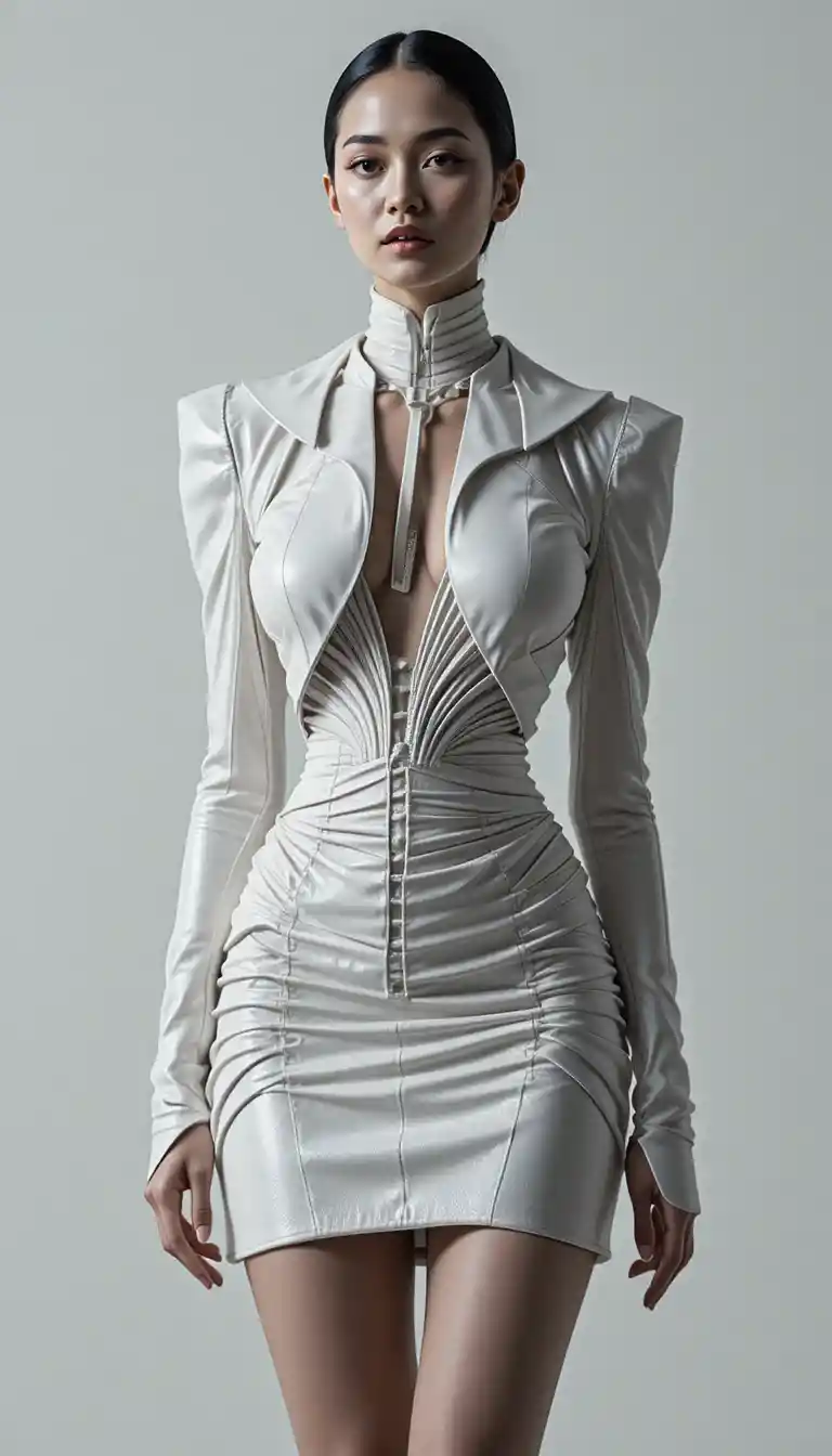 Futuristic white leather fashion woman in dynamic full body pose