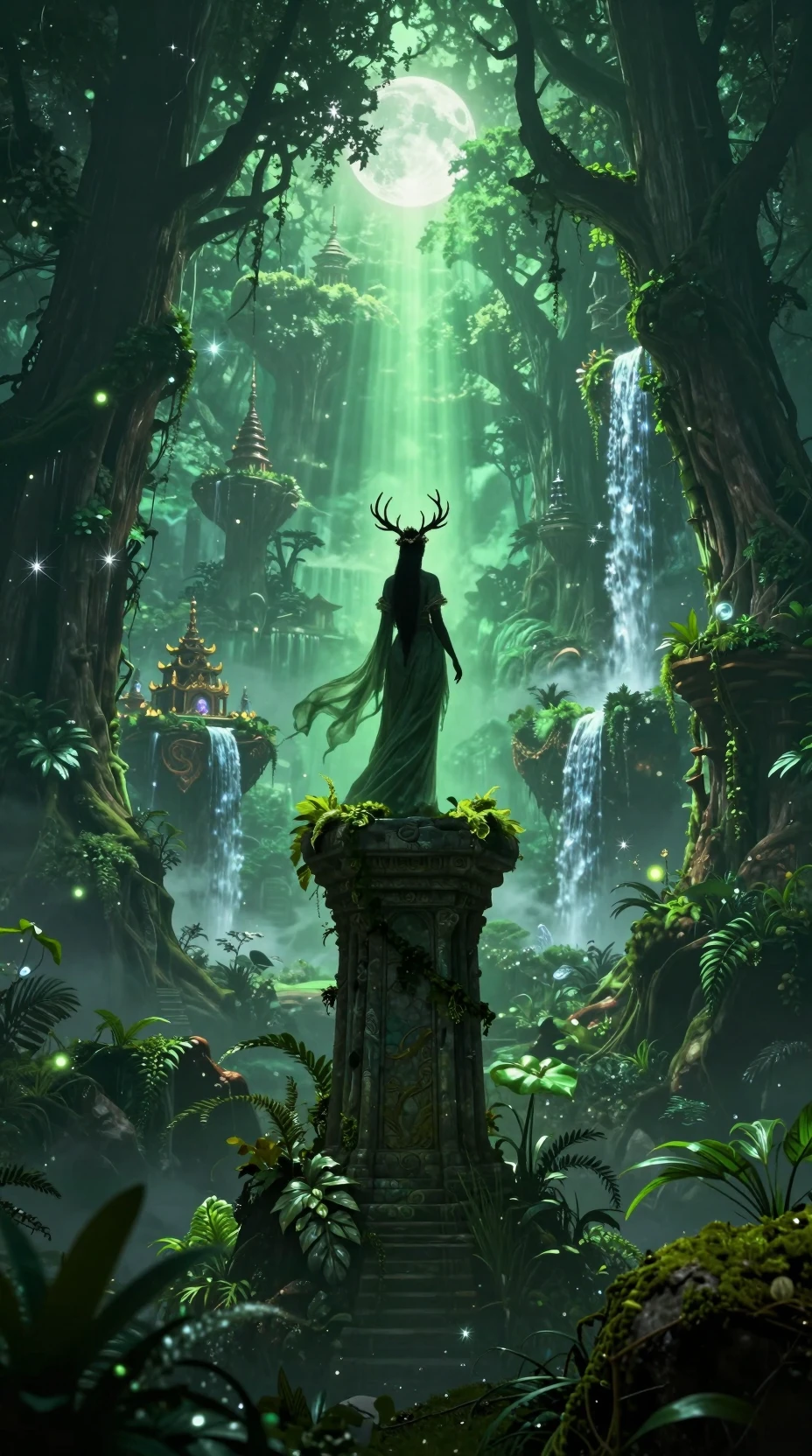 Diosa mística del bosque contemplando una infinita naturaleza esmeralda