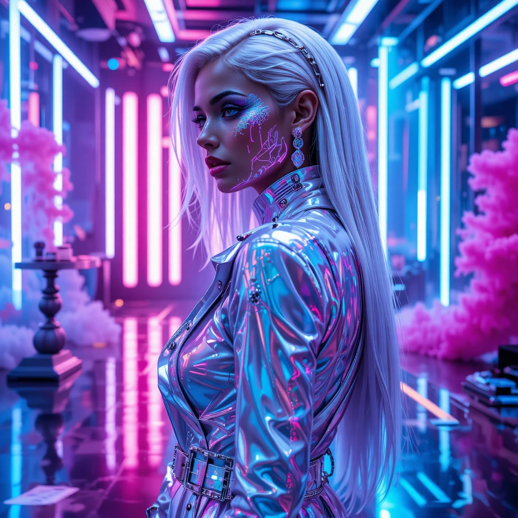 Metallic fashion portrait of a powerful neon lit woman