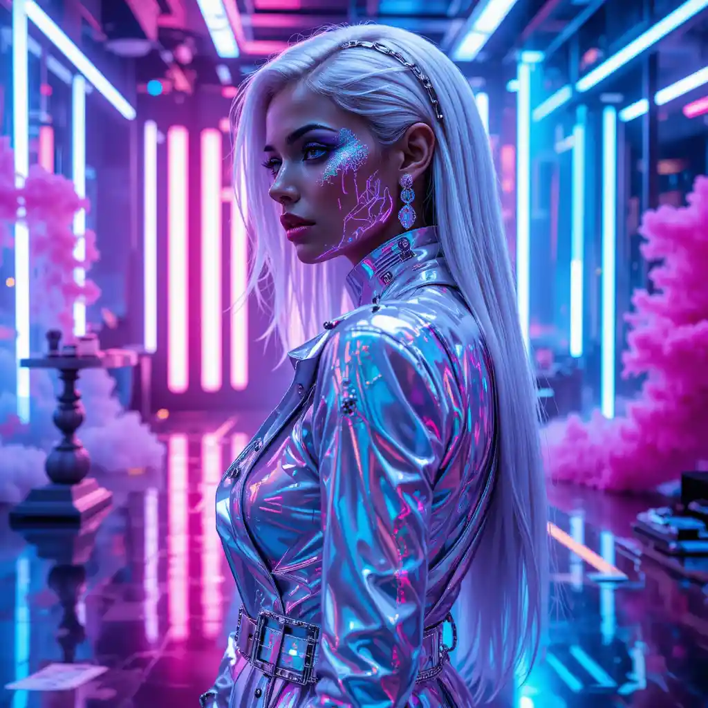 Metallic fashion portrait of a powerful neon lit woman