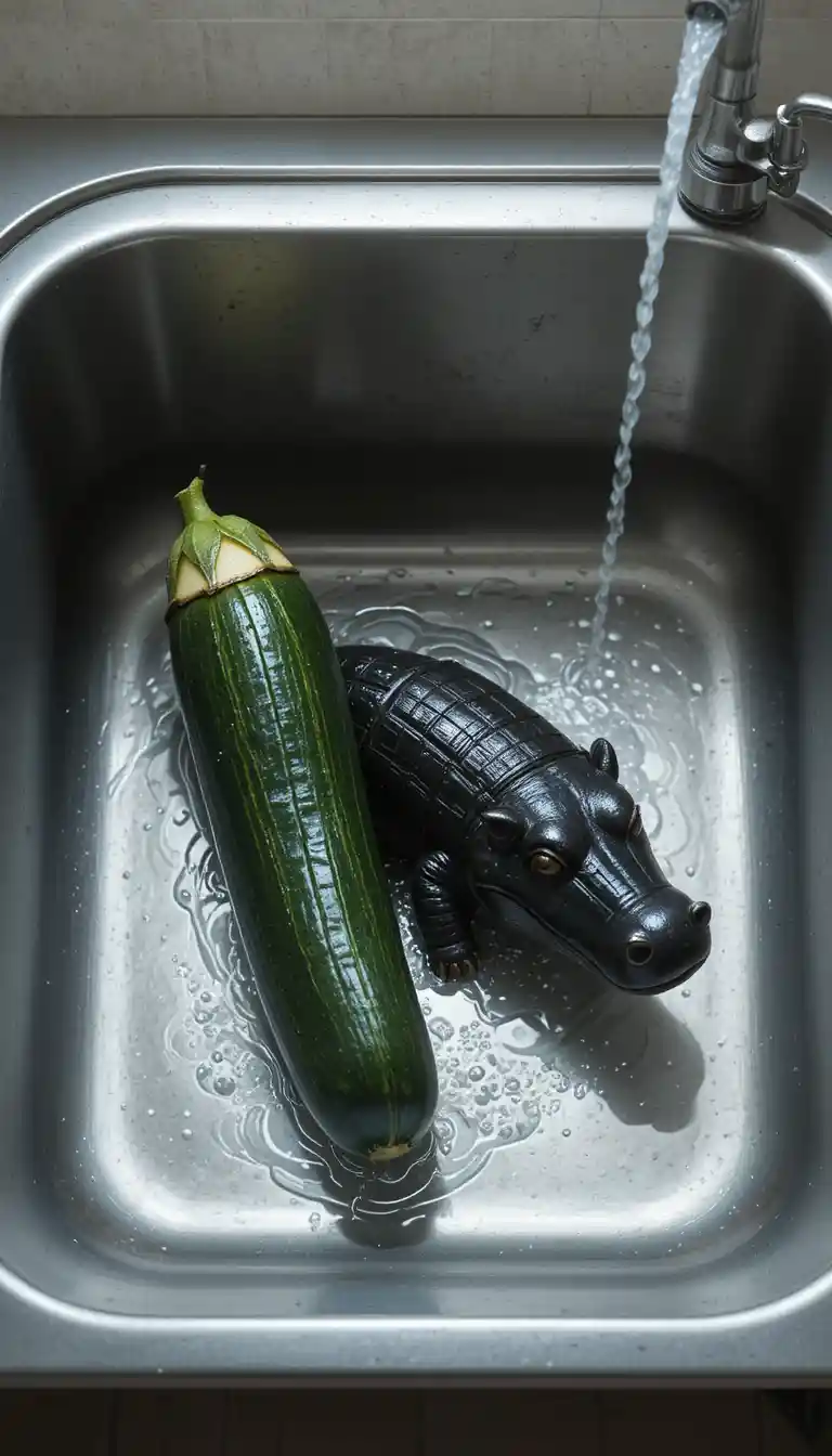 Surreal carved vegetables shaped as animals in metal sink