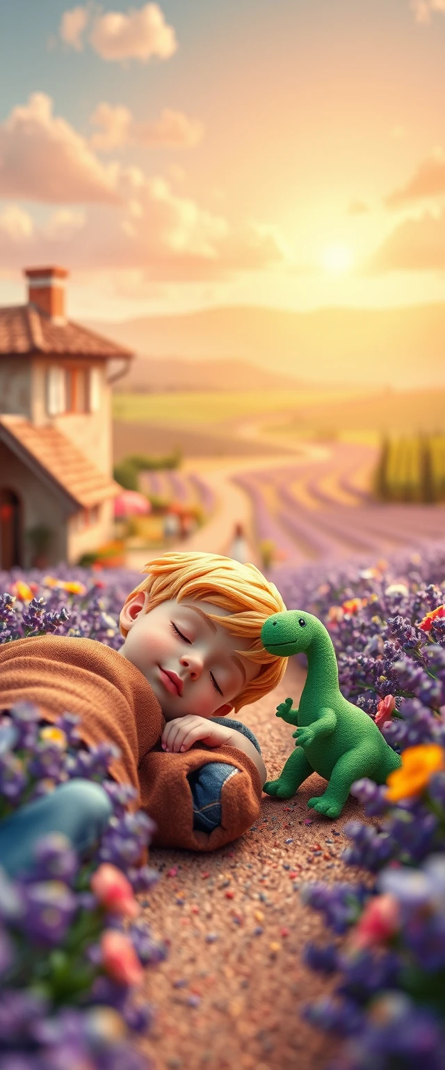 Sleeping blond boy with plush dinosaur on glowing rug
