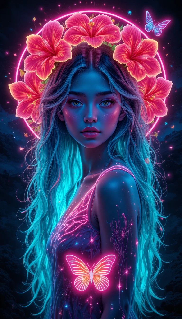 Neon girl glowing like northern lights with floral halo