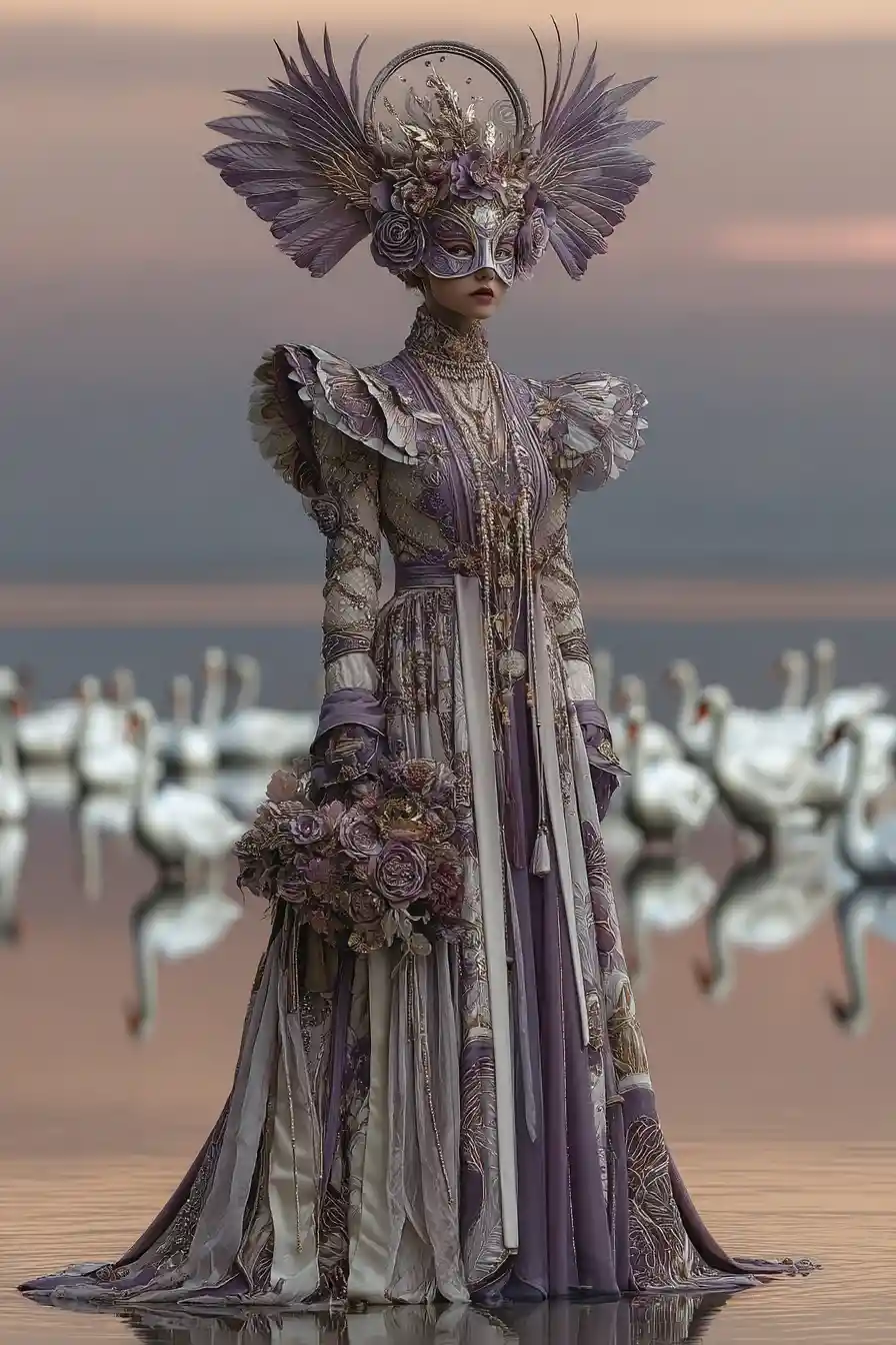 Surreal Masquerade Ball On A Mirrorlike Lake At Dusk