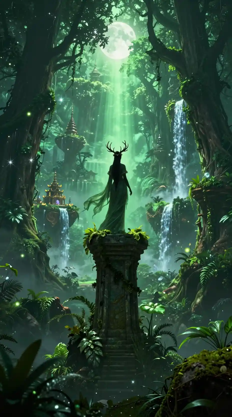 Mystical forest goddess overlooking an endless emerald wilderness