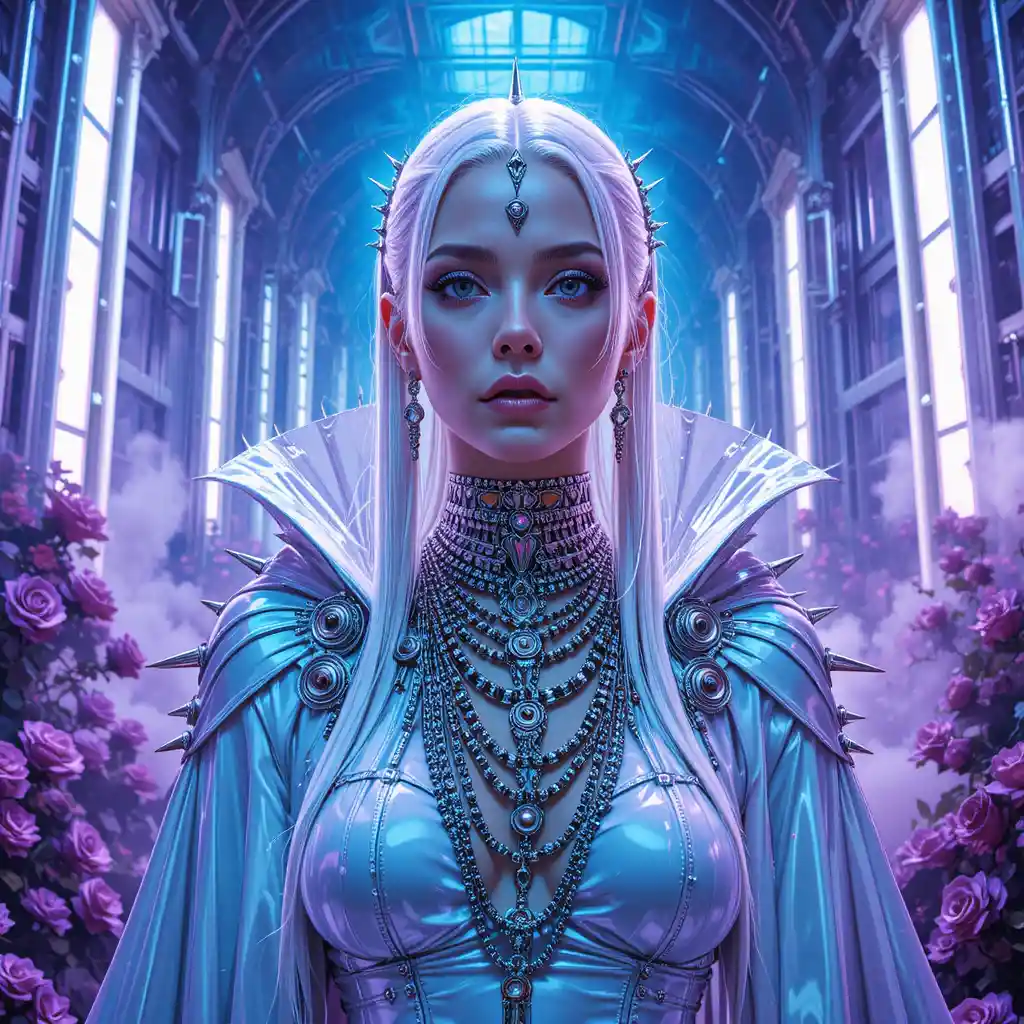 Futuristic outlaw queen under industrial chrome cathedral spotlights