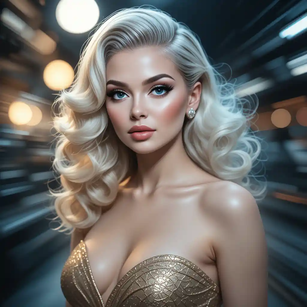 Vintage woman in gold dress with classic pin up curls