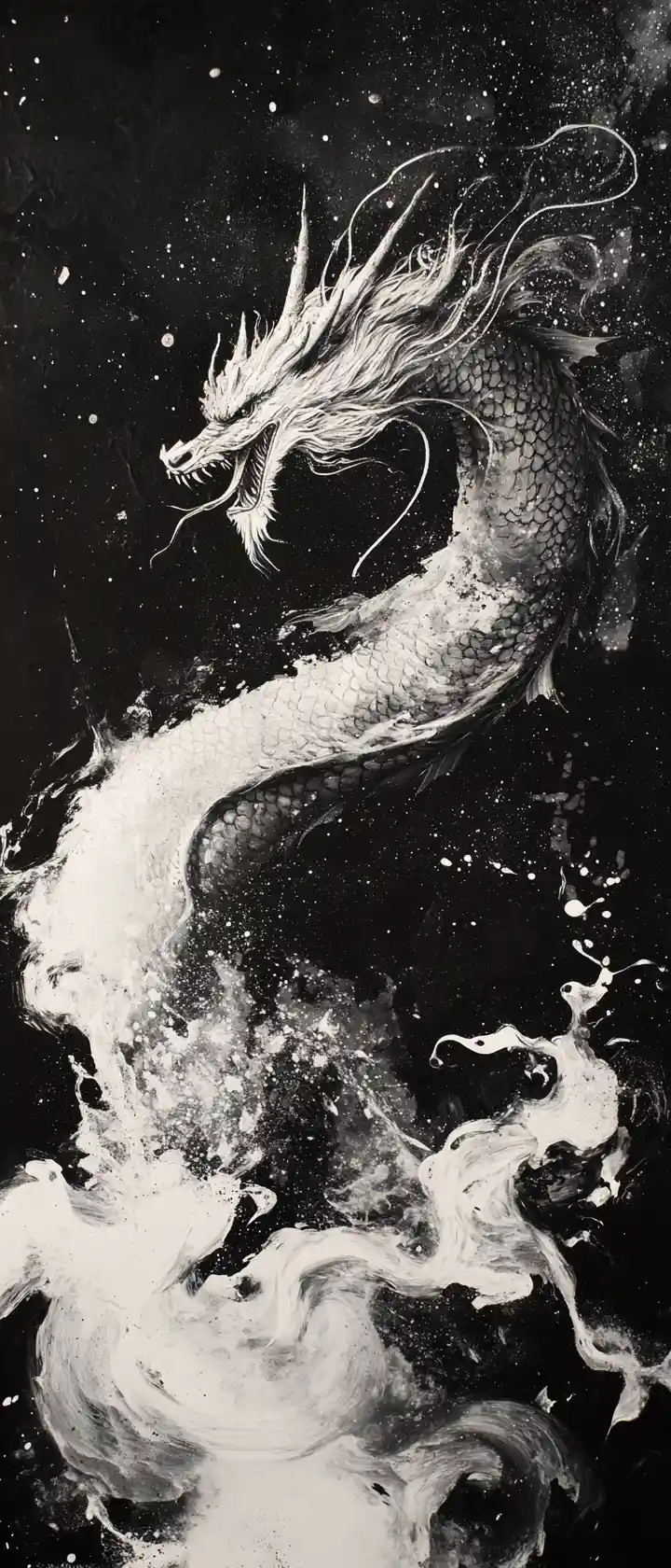 Chaotic white paint dragon emerging on black canvas
