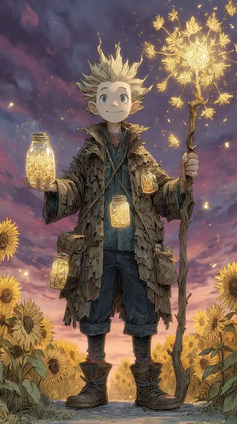 Solar alchemist in a glowing sunflower field at sunset
