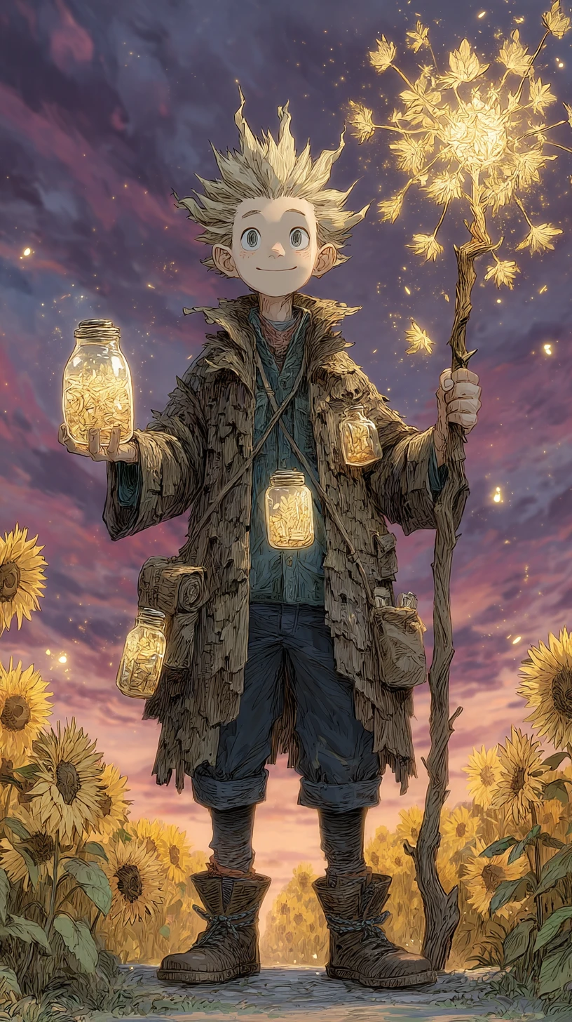 Solar alchemist in a glowing sunflower field at sunset