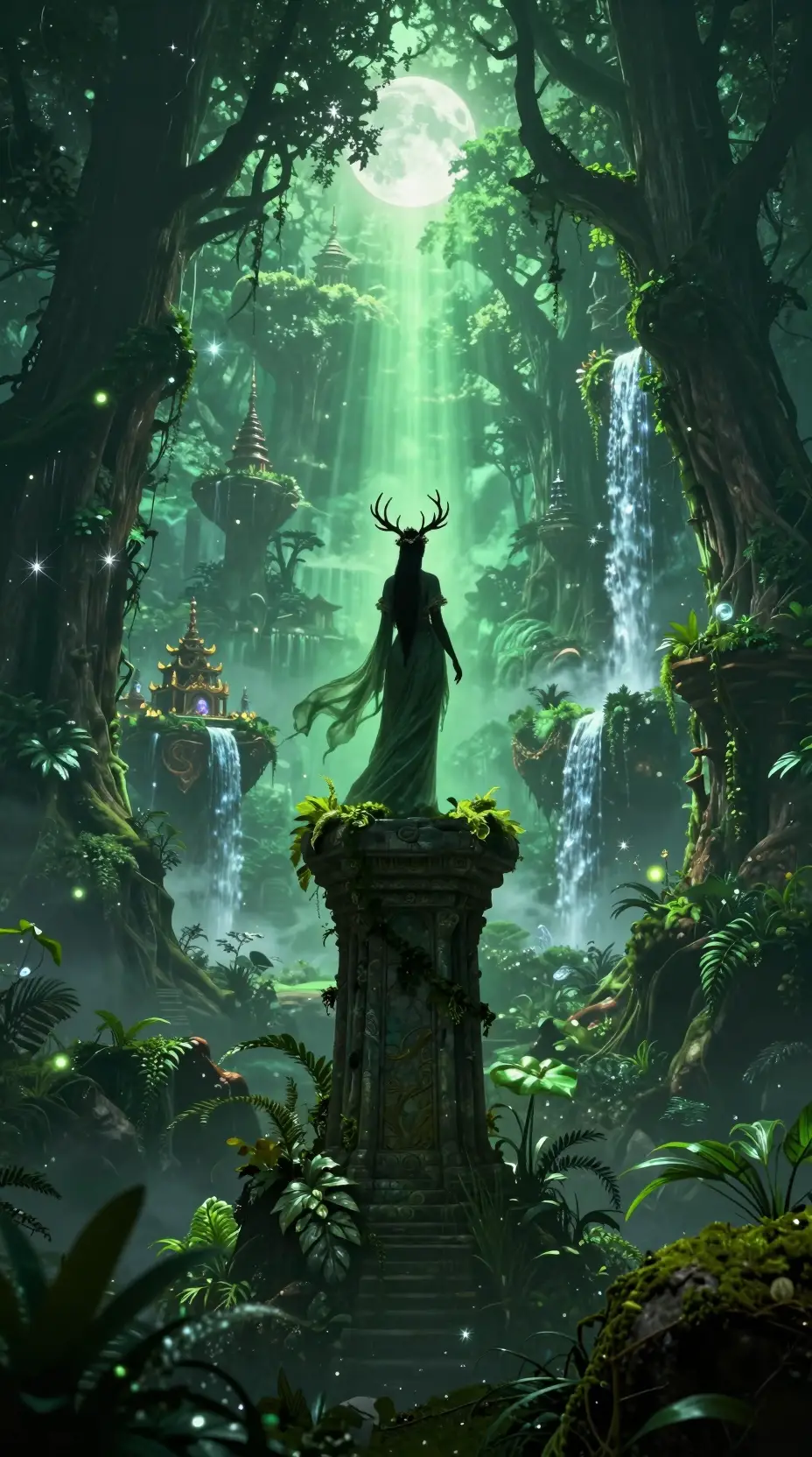 Mystical forest goddess overlooking an endless emerald wilderness