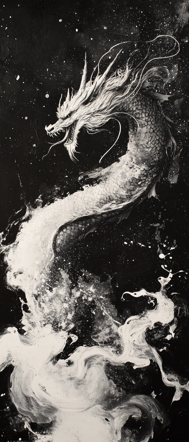 Chaotic white paint dragon emerging on black canvas