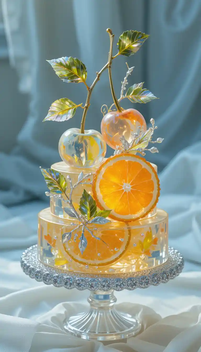 Glowing Crystal Dessert With Transparent Fruit And Silver Details