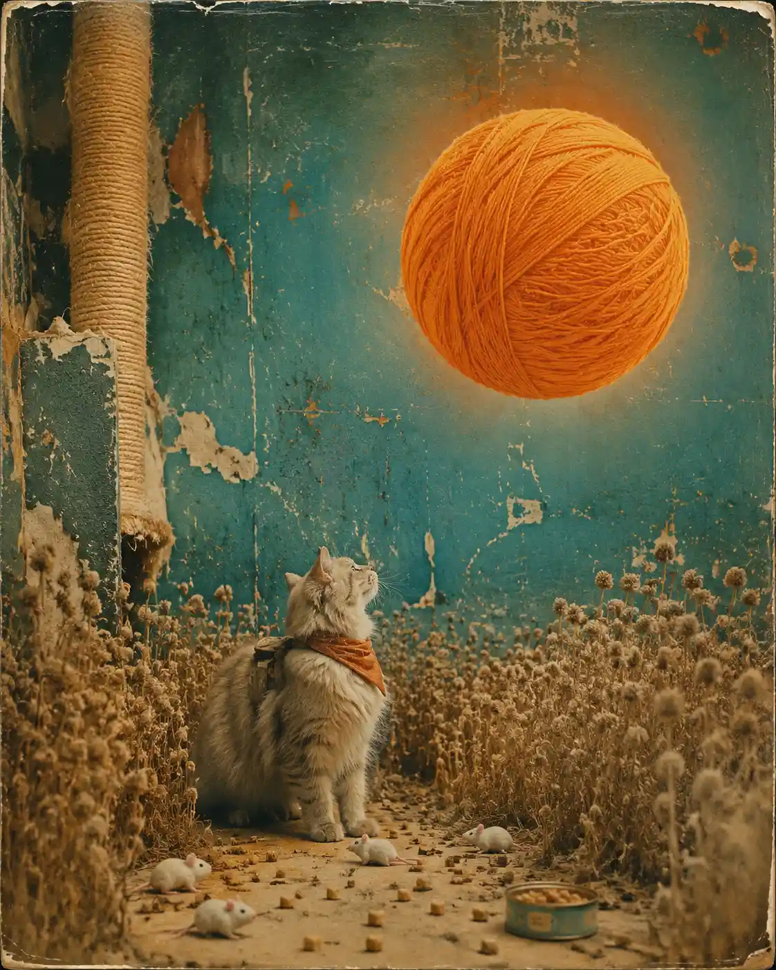 Fluffy Cat Under A Glowing Yarn Sun In Surreal Collage