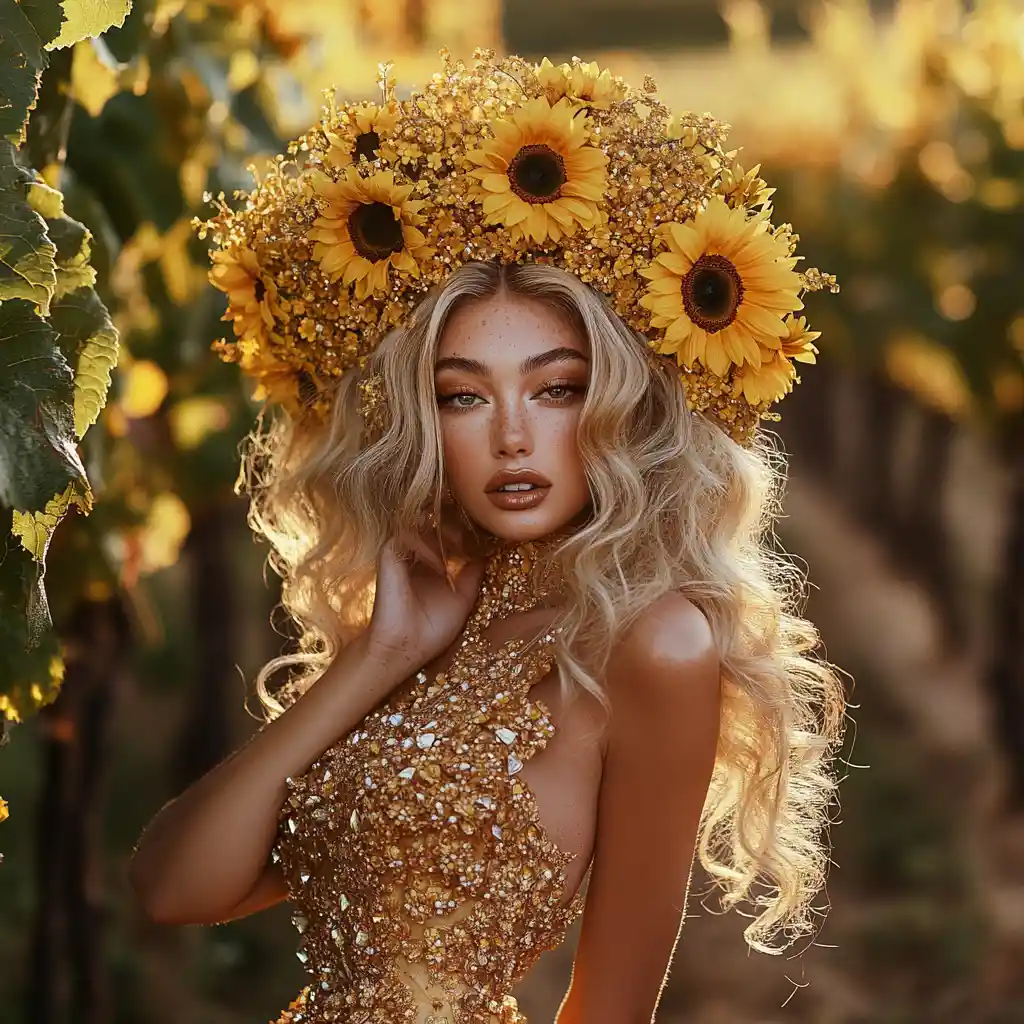 Golden haired woman in sunflower couture at sunset vineyard