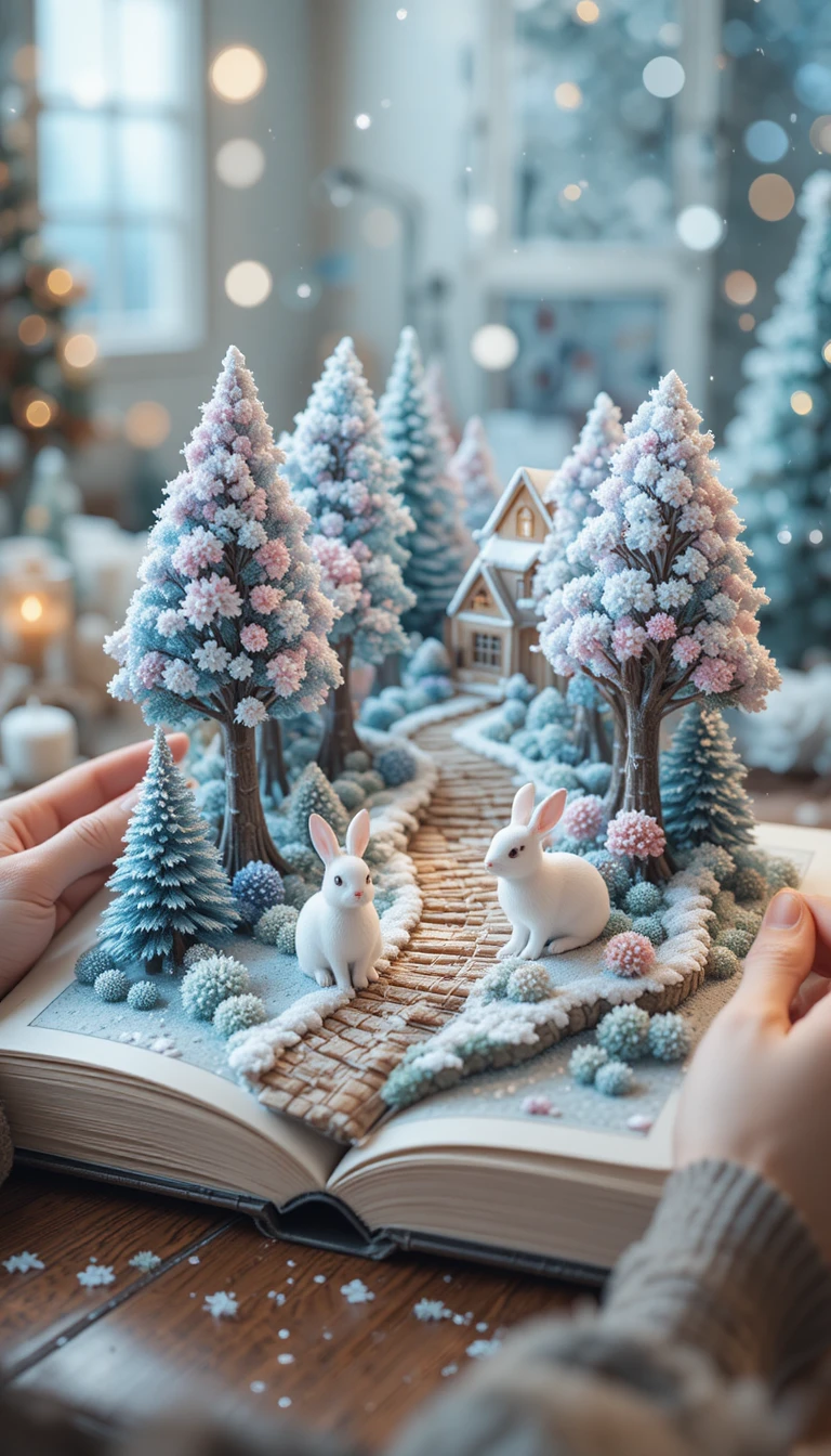 Open book revealing tiny winter fairy tale rabbit world
