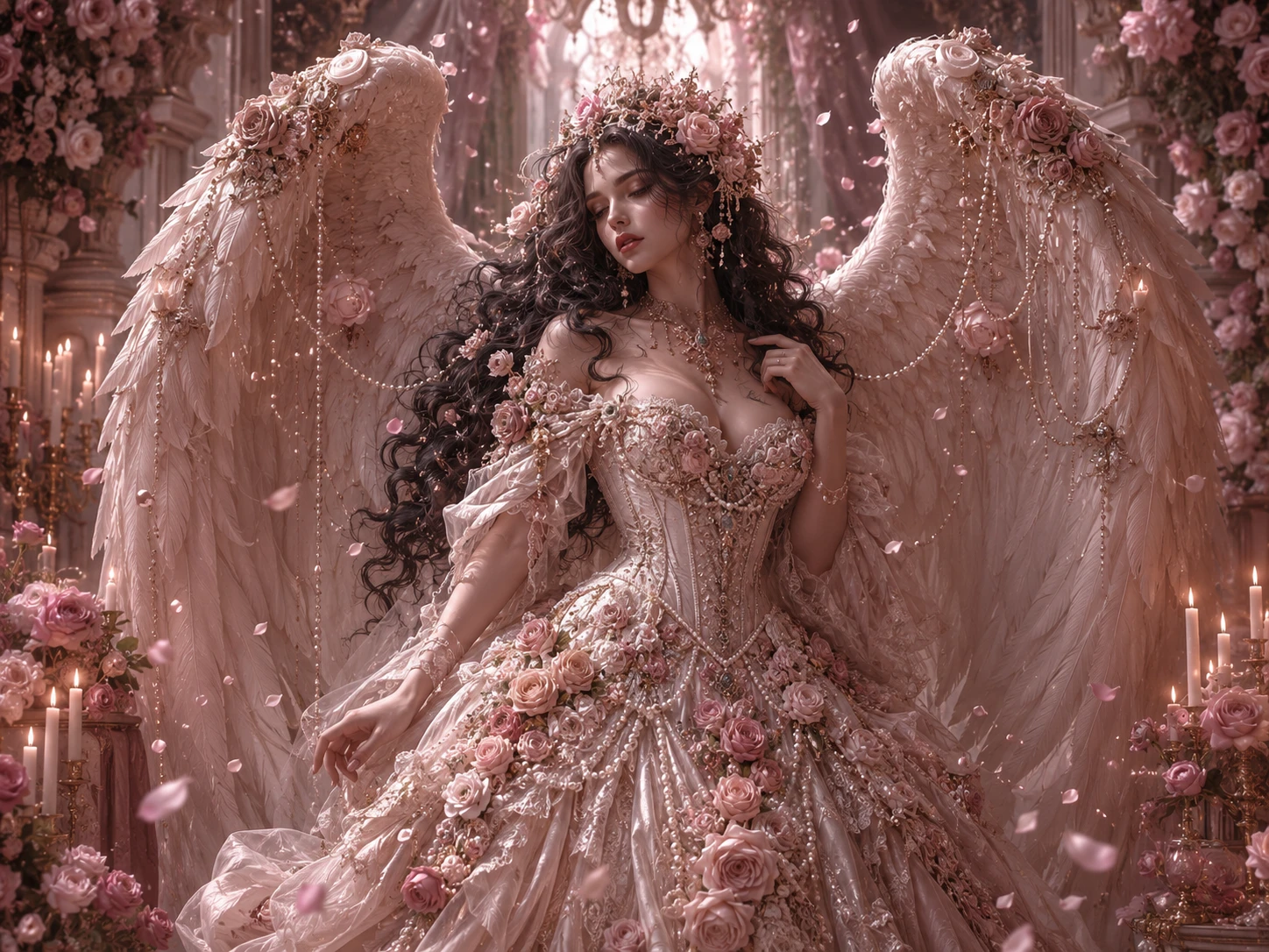 Mujer ángel victoriana con alas de rosas en un santuario a la luz de las velas