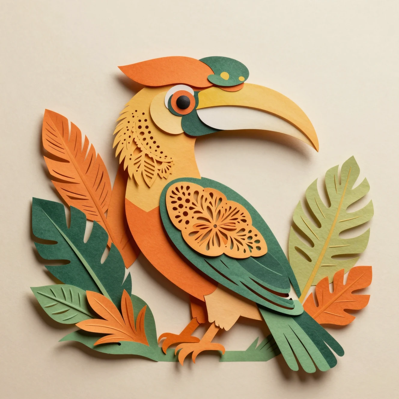 Layered papercraft hornbill with intricate floral details