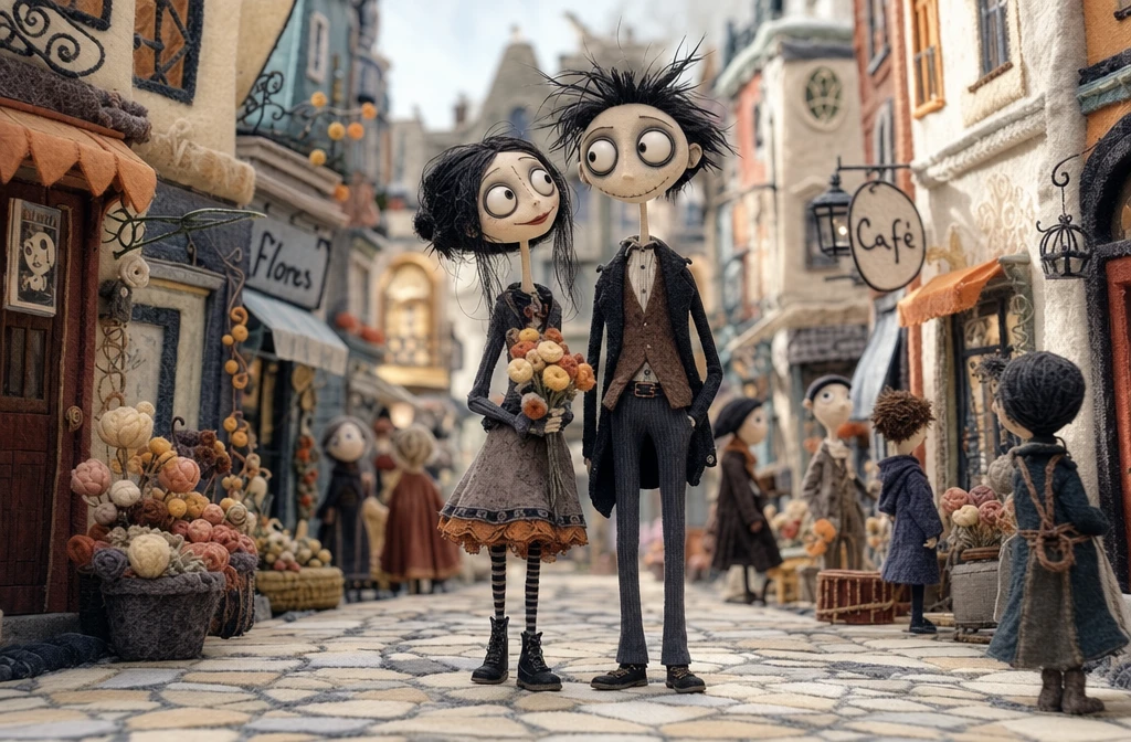Tierna pareja de fieltro en una calle mágica de un pueblo en miniatura