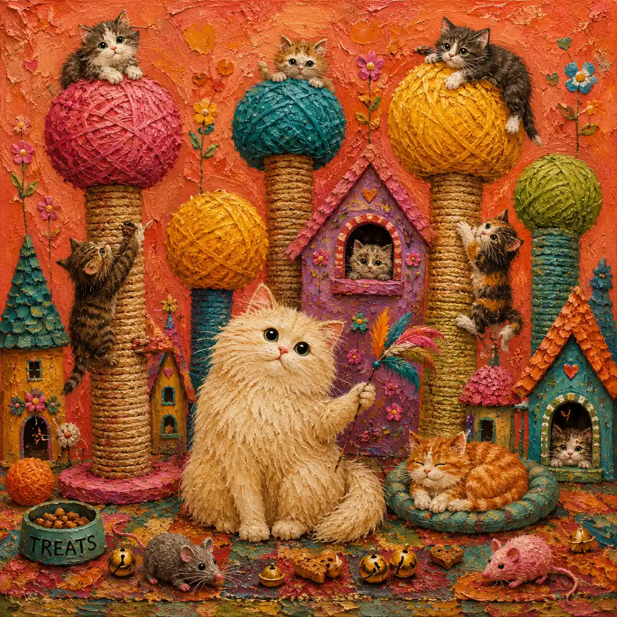 Playful impasto painting of cats on colorful scratching posts