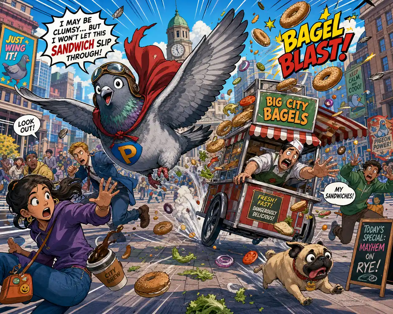 Clumsy pigeon superhero causing chaos in busy city square